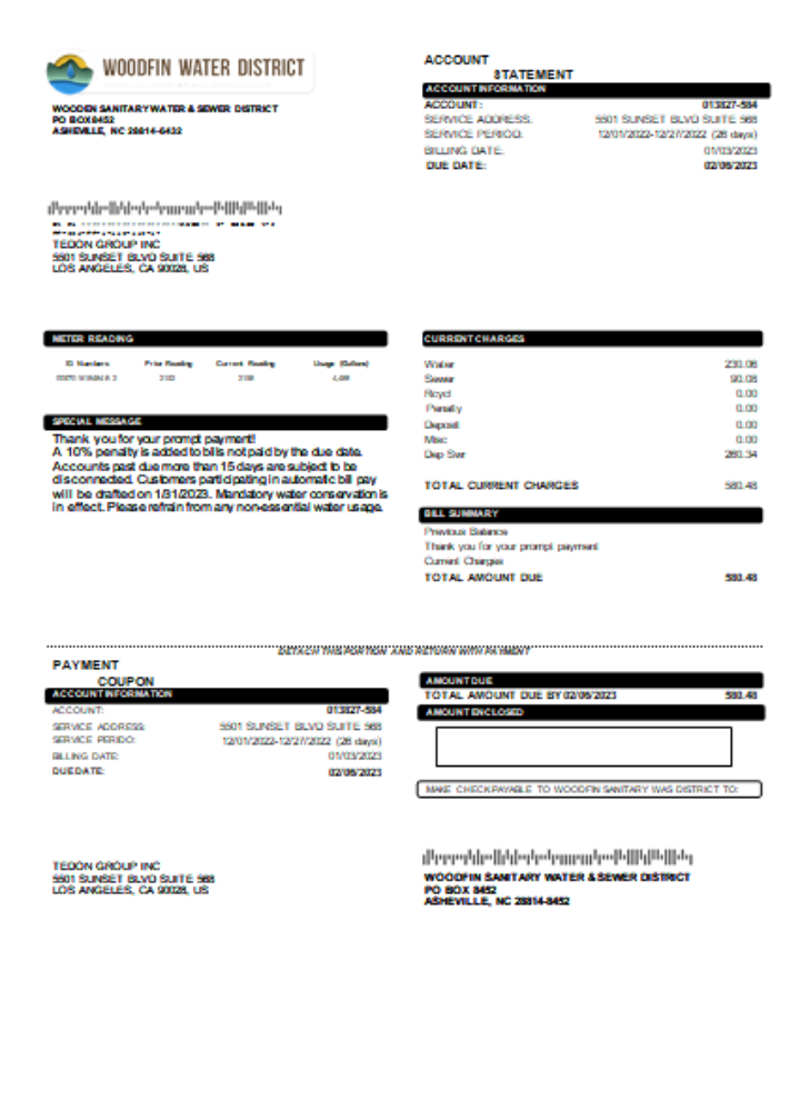 Woodfin Sanitary Water & Sewer District utility business bill, SCR PSD template